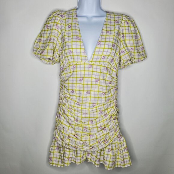 Zara Womens Embroidered Eyelet Gingham Check Mini Dress Size S Ruched Deep V - Picture 1 of 8